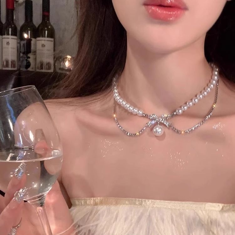 雙層蝴蝶結珍珠項鍊女款輕奢小眾優雅貴氣鎖骨鏈頸鏈潮