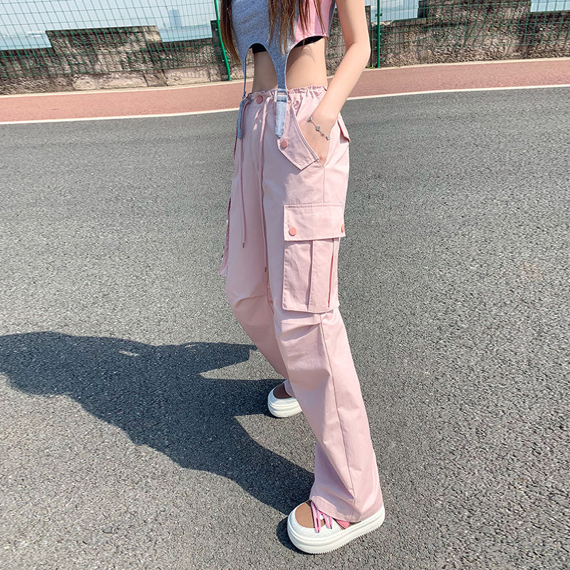 WIYI pink multi-pocket high-waist overalls for women summer new loose casual straight wide-leg floor-length trousers