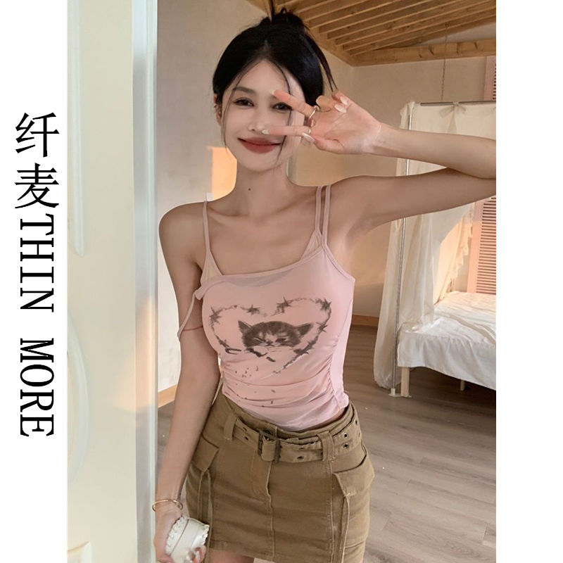 纖麥THIN MORE假兩件網紗港風吊帶背心女裝夏季甜辣貓咪內搭上衣