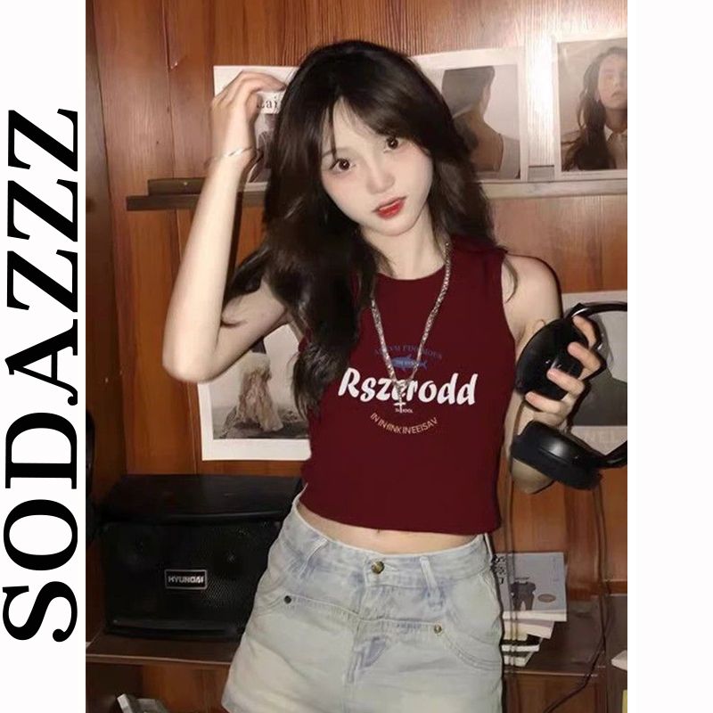 美式紅色印花工字吊帶背心女夏季辣妹多巴胺修身顯瘦高腰短款上衣