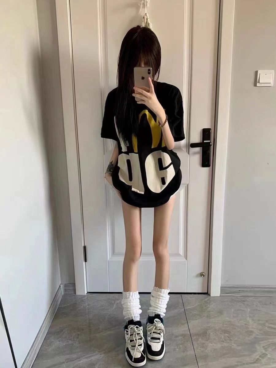 100%純棉夏季新款字母印花短袖T恤女韓版百搭寬鬆情侶上衣男ins