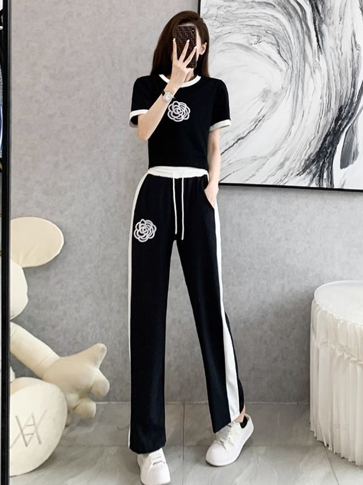 European high-end sports and leisure suits for women summer  new short-sleeved fashionable temperament wide-leg pants two-piece set