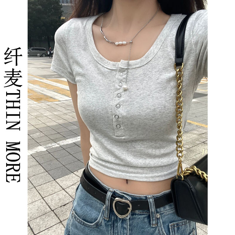 纖麥THIN MORE正肩短款辣妹短袖t恤女甜辣修身顯瘦方領露肚臍上衣