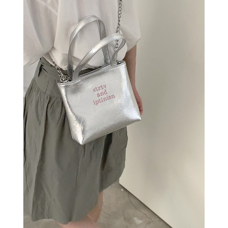 New ins niche design silver letter handbag for women  summer versatile internet celebrity large capacity crossbody bag