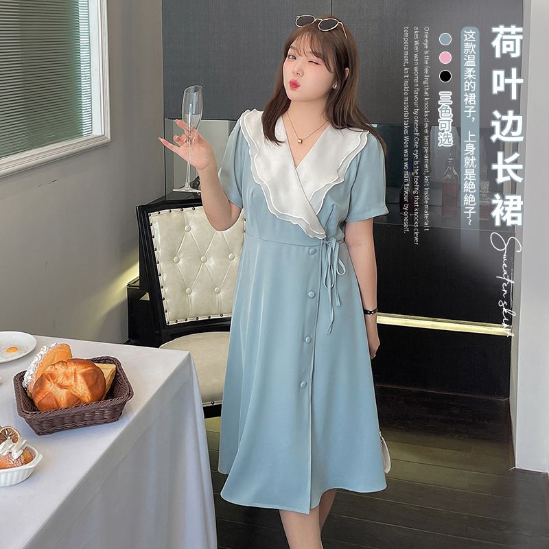 洋氣大碼女裝法式超仙長款短袖裙子優雅荷葉邊一片式連衣裙A138