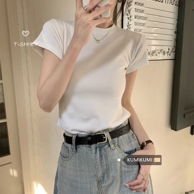 White front shoulder short-sleeved t-shirt women's summer new cotton all-match self-cultivation thin bottoming shirt inner top ins compassionate shirt
