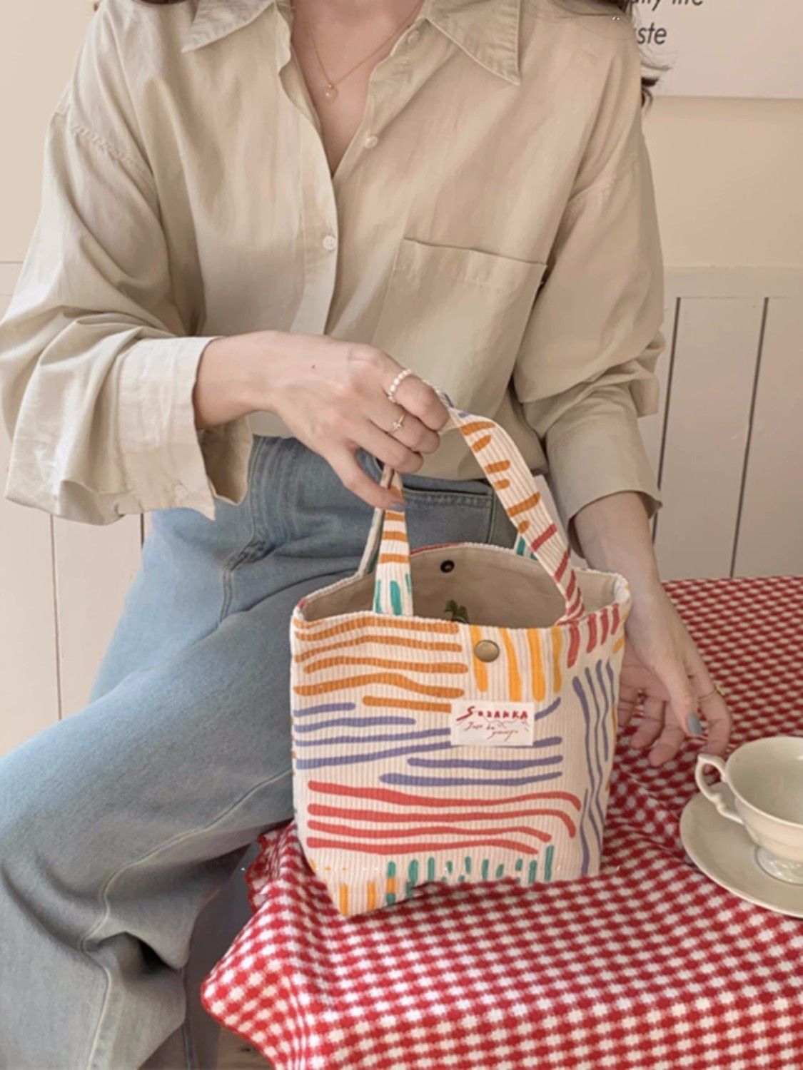  New Rainbow Portable Canvas Bag, Small Tote Bag for Work, Lunch Box, Lunch Bag, Student Casual Class Commuting Bag