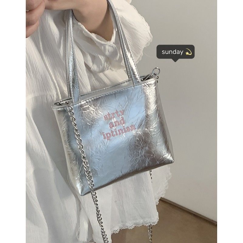 New ins niche design silver letter handbag for women  summer versatile internet celebrity large capacity crossbody bag