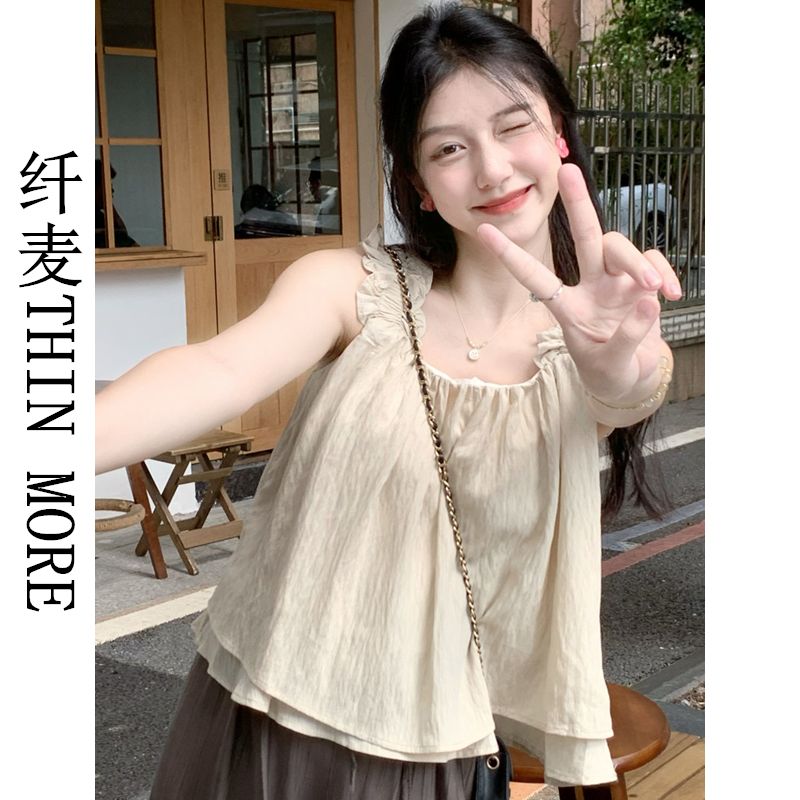 纖麥THIN MORE溫柔風帶方領夏季甜美高級感別致無袖雙層顯瘦上衣