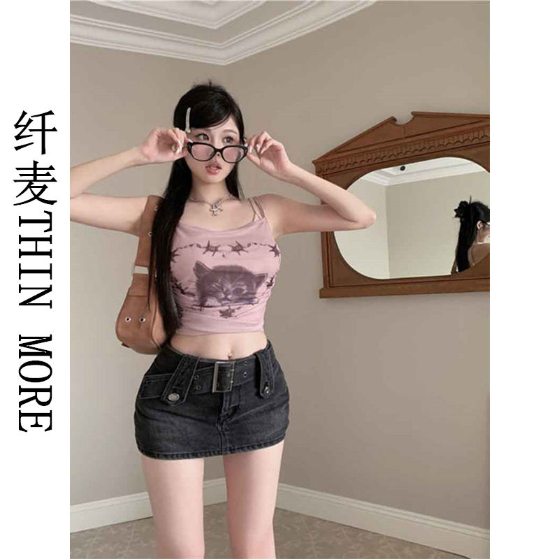纖麥THIN MORE辣妹與貓假兩件氣質網紗水墨小貓咪修身顯瘦小吊帶