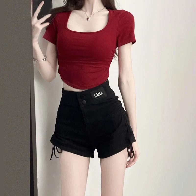 [Front shoulder pure cotton] Red front shoulder short-sleeved t-shirt female summer niche design sense short sweet hot girl bottoming top