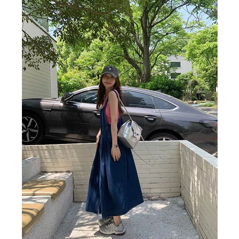 可鹽可甜春夏牛仔背帶裙女小個子2023新款學生寬鬆顯瘦休閒連衣裙