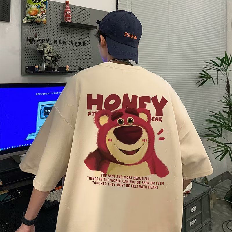 草莓熊印花t恤短袖男士潮流ins港風半袖夏季寬鬆百搭五分袖體恤衫