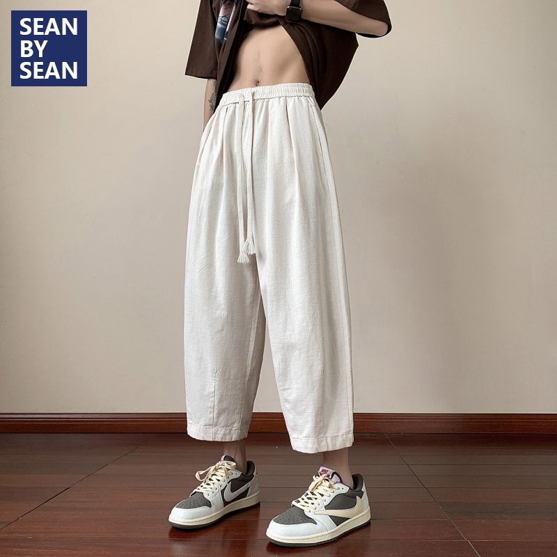 SEANBYSEAN亞麻純棉休閒褲男夏季薄款潮牌寬鬆直筒闊腿運動工裝褲