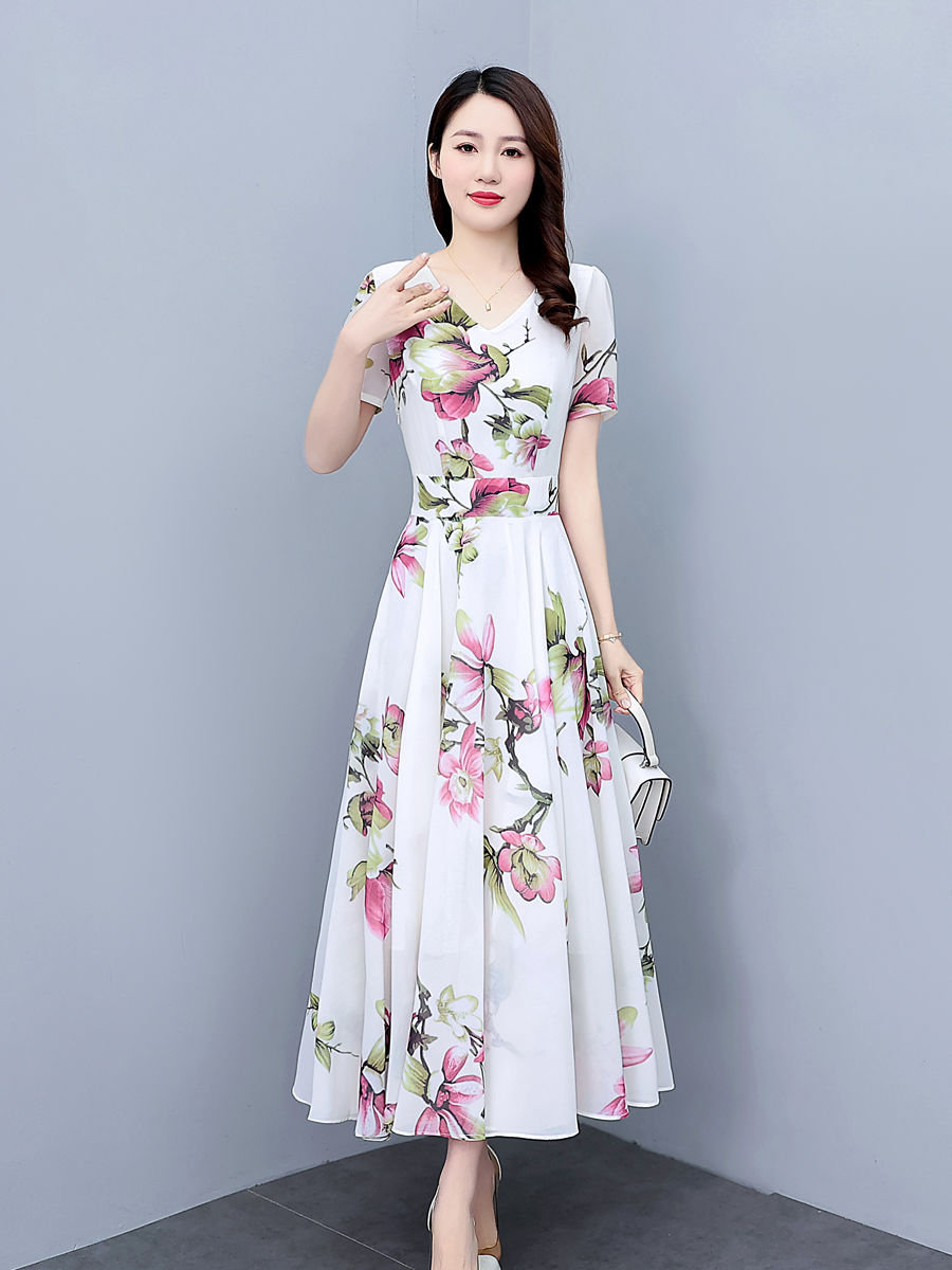 夏季連衣裙2023新款雪紡印花收腰遮肚子高貴優雅氣質媽媽過膝長裙