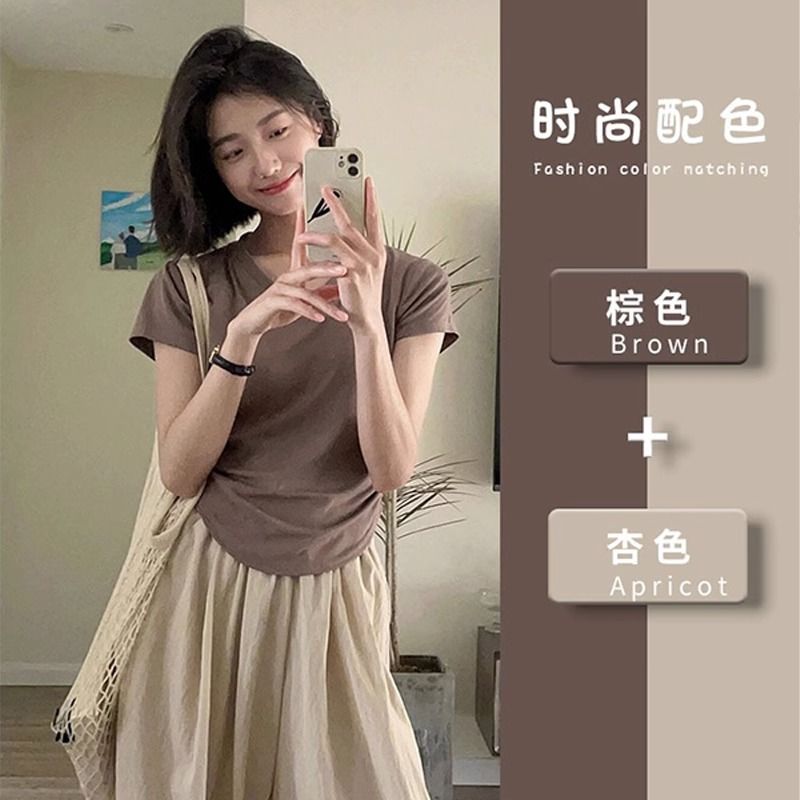 2023 new summer front shoulder short-sleeved t-shirt female small irregular self-cultivation slimming short section niche design sense