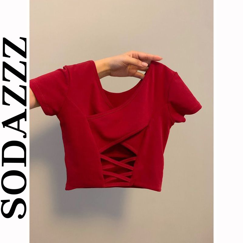 SODAZZZ right shoulder short u-neck short-sleeved t-shirt women's summer slim slim chic sweet and spicy design backless top