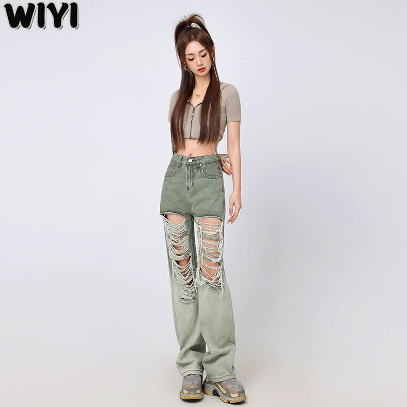 WIYI 漸變綠破洞直筒牛仔褲女夏季新款高腰寬鬆垂感闊腿拖地長褲