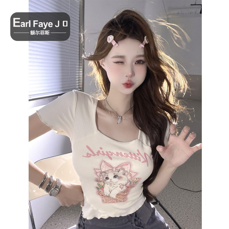 [Positive Shoulder Cotton] Pure Desire Sweet Spice Girls Hong Kong Flavor Sexy Short Tops Design Sense of Niche Short-sleeved T-Shirts for Women Summer