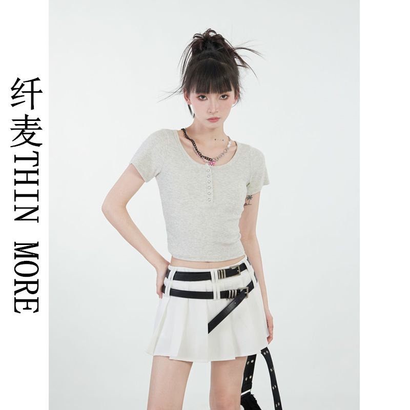 Fianmai THIN MORE American gray short-sleeved t-shirt for women summer shoulder short high waist exposed navel hot girl top trendy