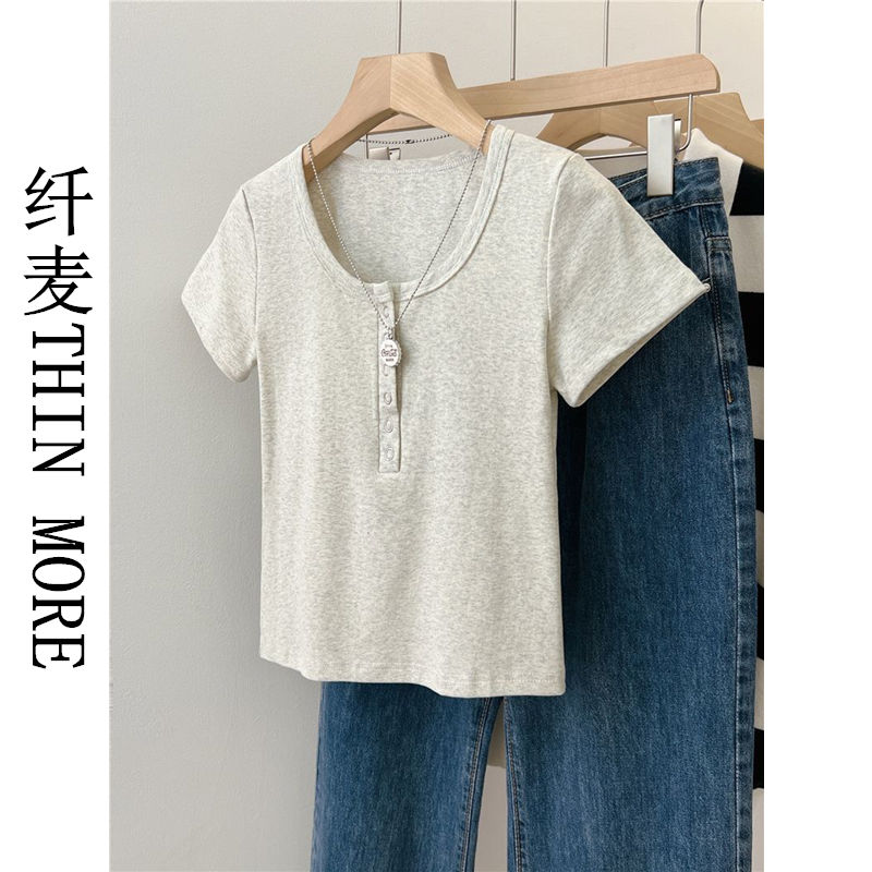 Fianmai THIN MORE hot girl gray right shoulder short-sleeved t-shirt women's summer new slim fit tight short top