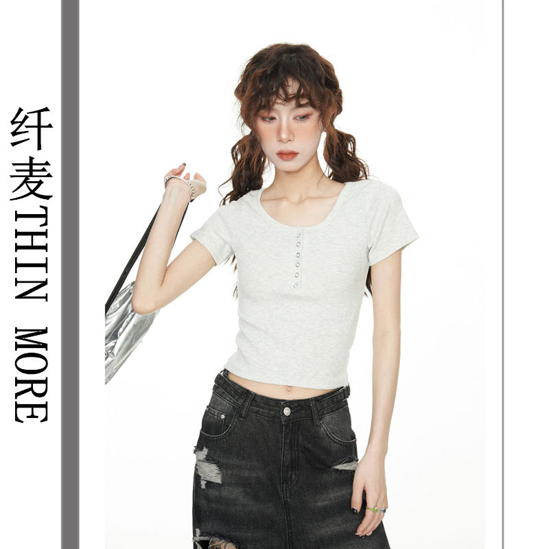 Fianmai THIN MORE Hot Girl Gray Front Shoulder Short Sleeve T-Shirt Women's Summer Slim Design Niche Short Top