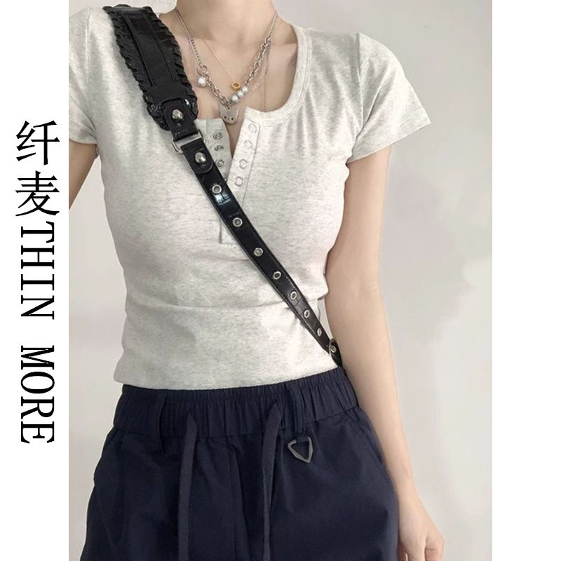 纖麥THIN MORE氣質正肩短袖T恤女夏季新款灰色短款體恤半袖上衣服