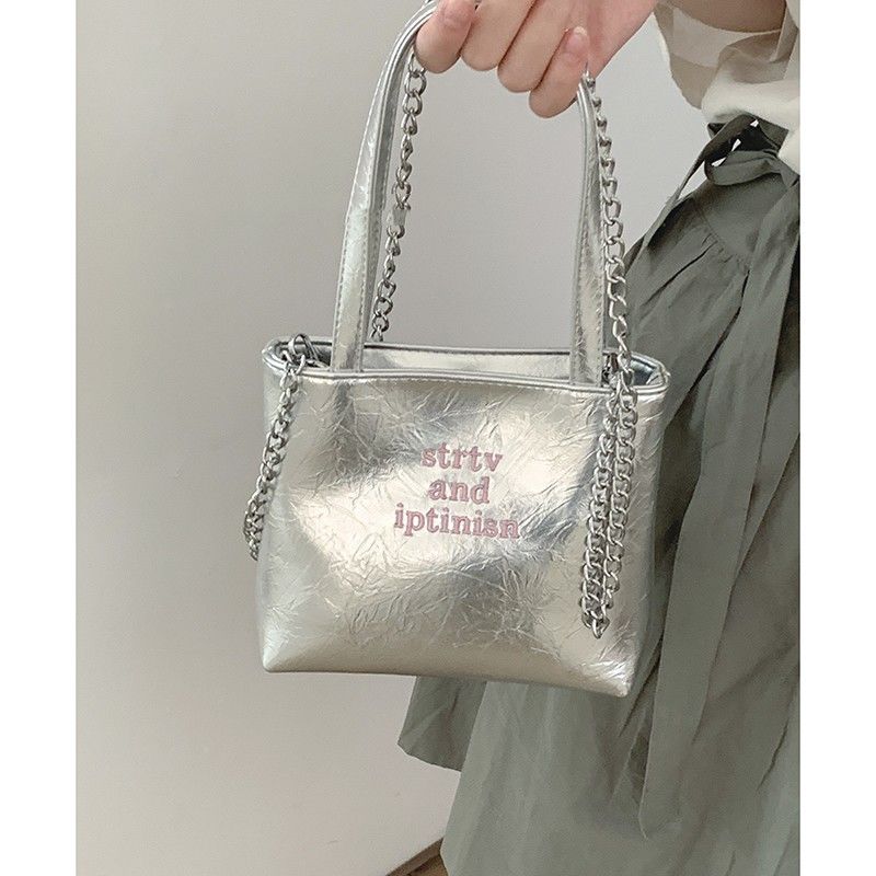 New ins niche design silver letter handbag for women  summer versatile internet celebrity large capacity crossbody bag