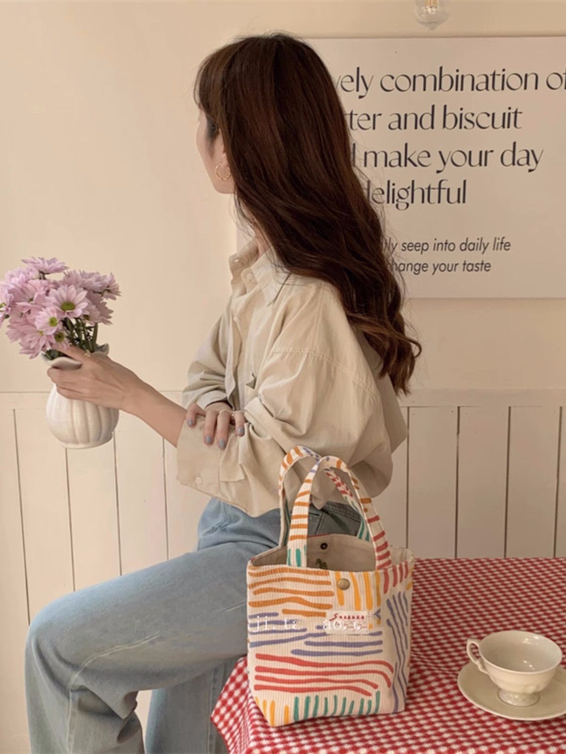  New Rainbow Portable Canvas Bag, Small Tote Bag for Work, Lunch Box, Lunch Bag, Student Casual Class Commuting Bag