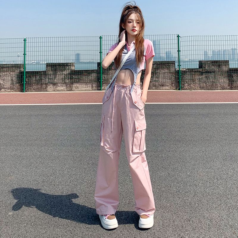 WIYI pink multi-pocket high-waist overalls for women summer new loose casual straight wide-leg floor-length trousers