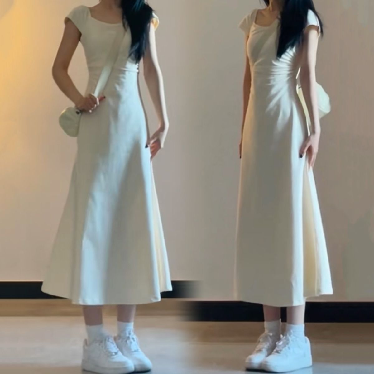 法式洋气掐腰连衣裙子女2023夏季新款高级感温柔收腰显瘦包臀长裙