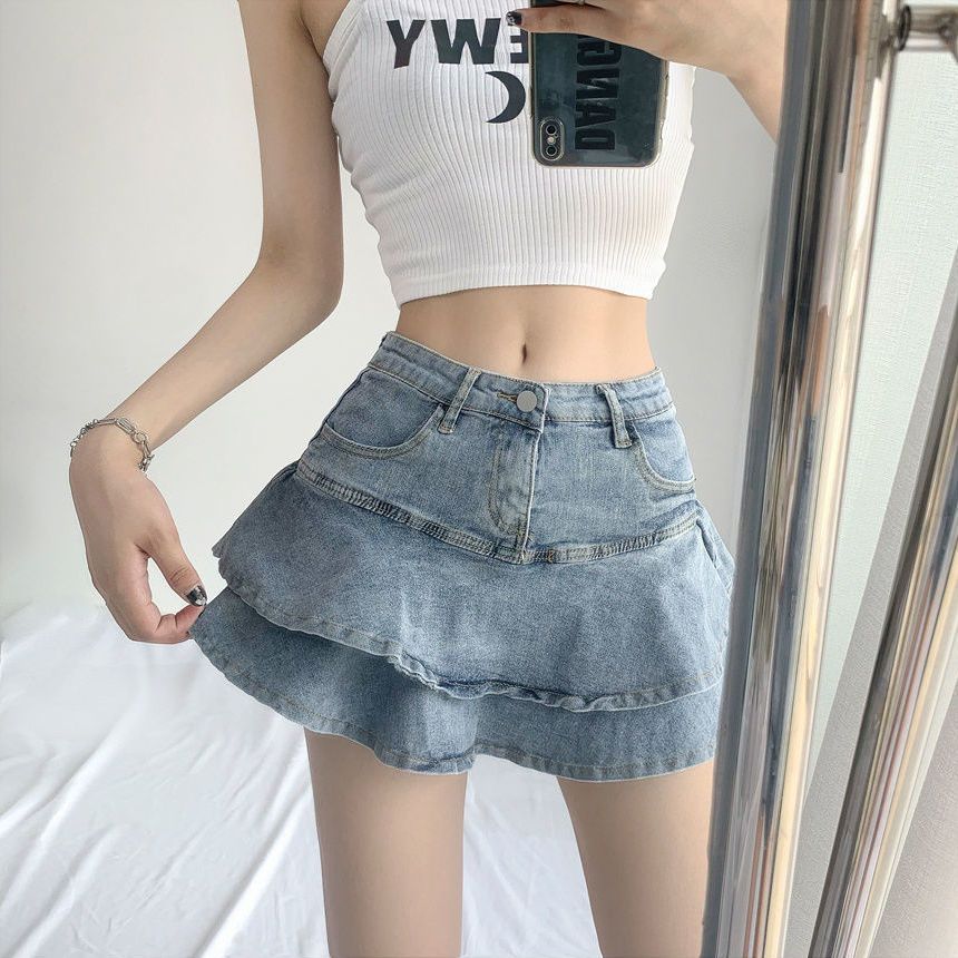美式辣妹牛仔半身裙女大碼夏2023新款高腰顯瘦a字裙荷葉邊包臀裙