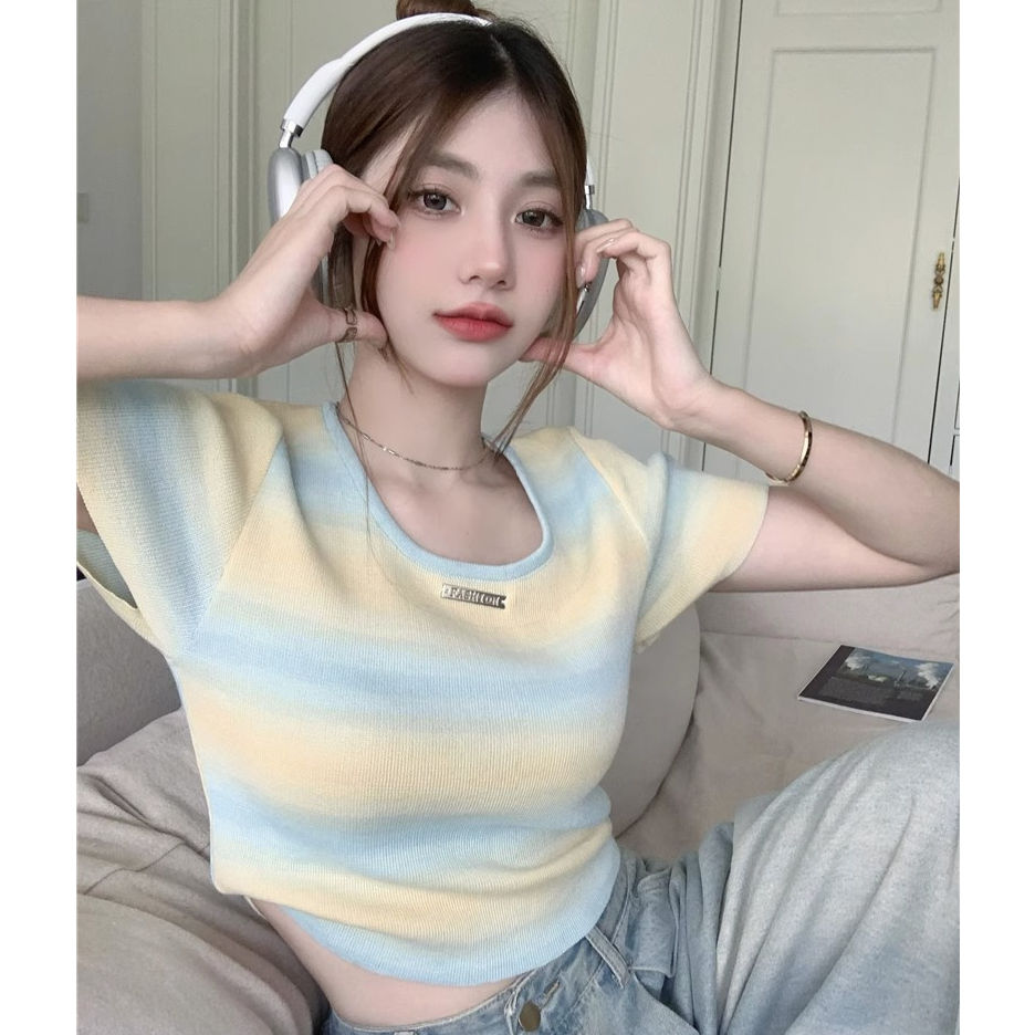 甜辣妹u領漸變條紋短款上衣小個子正肩短袖t恤女裝夏季高腰針織衫