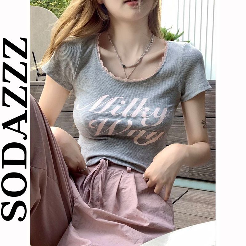 SODAZZZ韓系修身顯瘦短款蕾絲花邊拼接短袖t恤女上衣2023新款ins