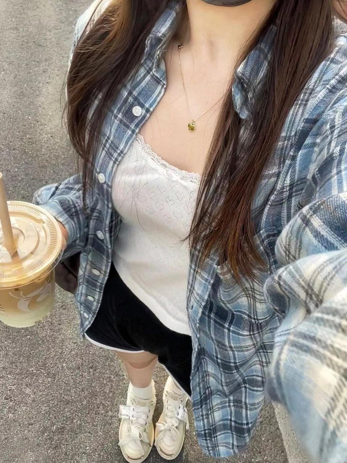 夏季新款藍色格子襯衫外穿女韓系通勤寬鬆休閒顯瘦襯衣防曬開衫潮