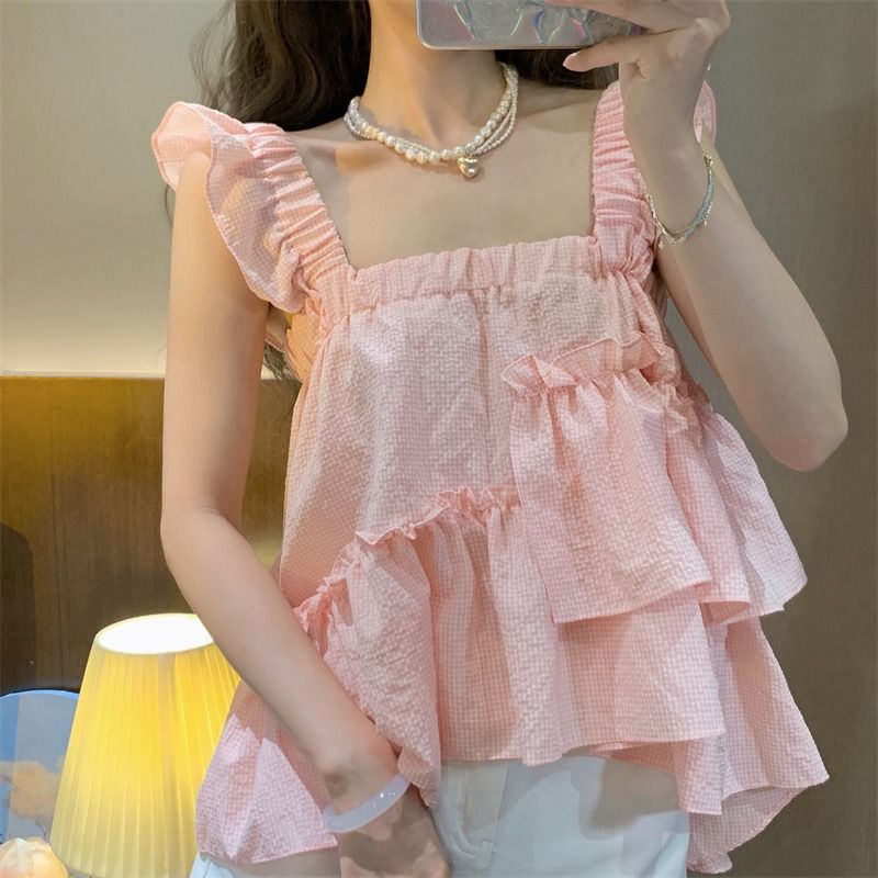 Korean style sweet ruffled irregular shirt women's design niche summer small flying sleeve shirt chic top summer