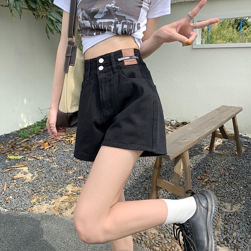 YSYOURS黑色牛仔短褲女夏季薄款高腰顯瘦寬鬆大碼胖mm闊腿a字熱褲