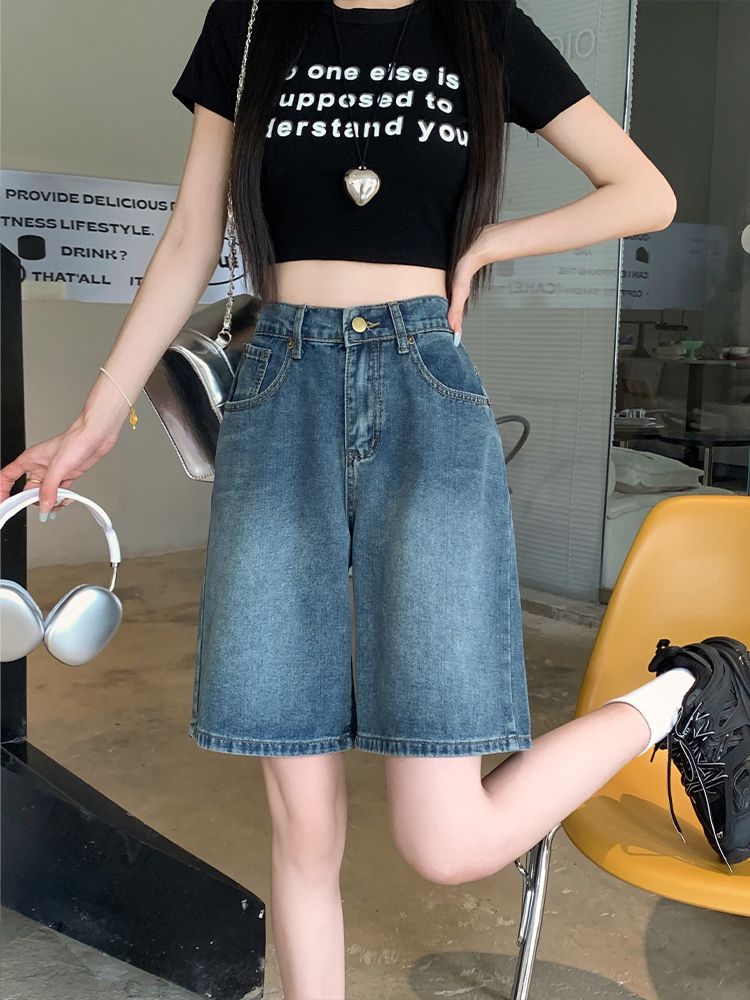 復古五分牛仔短褲女夏季高腰寬鬆顯瘦大碼胖MM闊腿5分直筒中褲潮