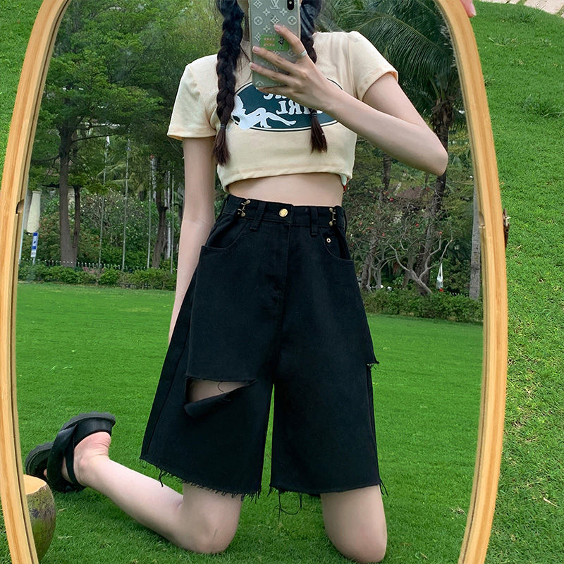 YSYOURS破洞牛仔五分褲女夏季薄款高腰顯瘦短褲大碼寬鬆闊腿中褲