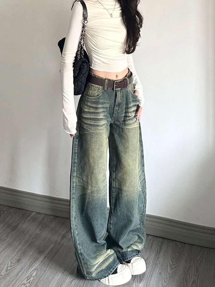 美式復古水洗做舊低腰牛仔褲女秋季新款寬鬆闊腿顯瘦直筒拖地褲子