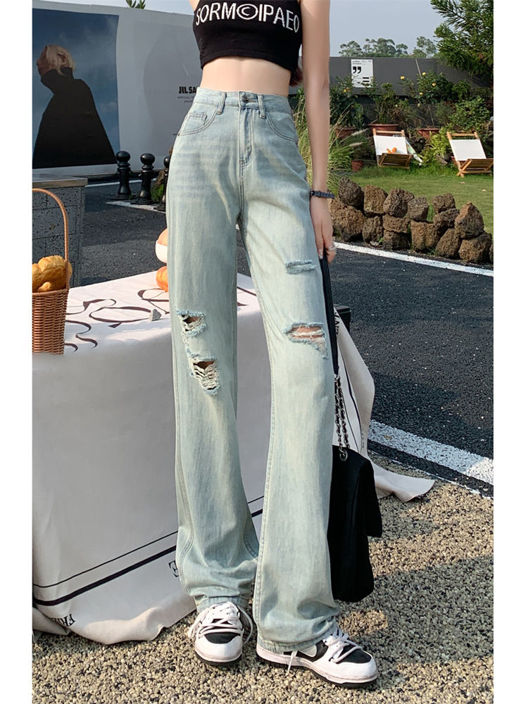 月光藍破洞闊腿牛仔褲女夏季薄款高腰顯瘦寬鬆大碼垂感拖地直筒褲