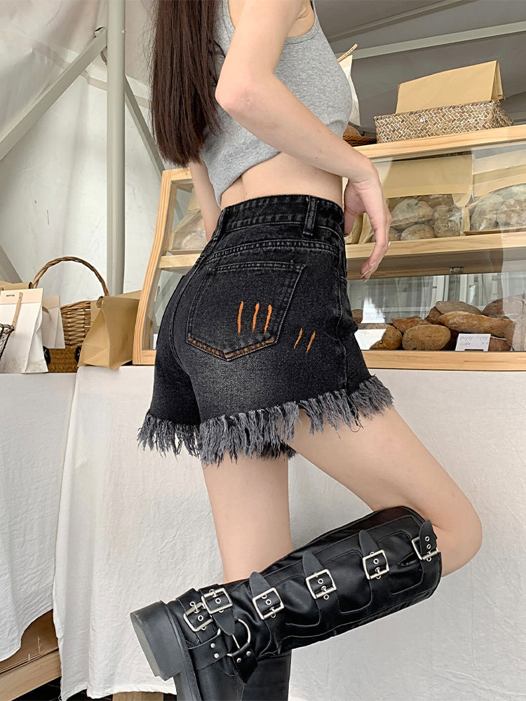 彩繪牛仔短褲女夏季薄款高腰顯瘦a字塗鴉大碼胖MM流蘇毛邊闊腿褲