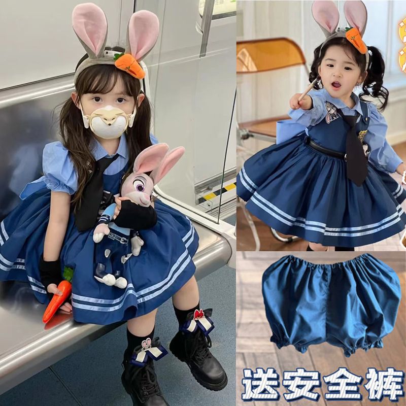 迪士尼兒童夏季朱迪警官兔子假兩件連衣裙女童洛麗塔公主裙女寶寶