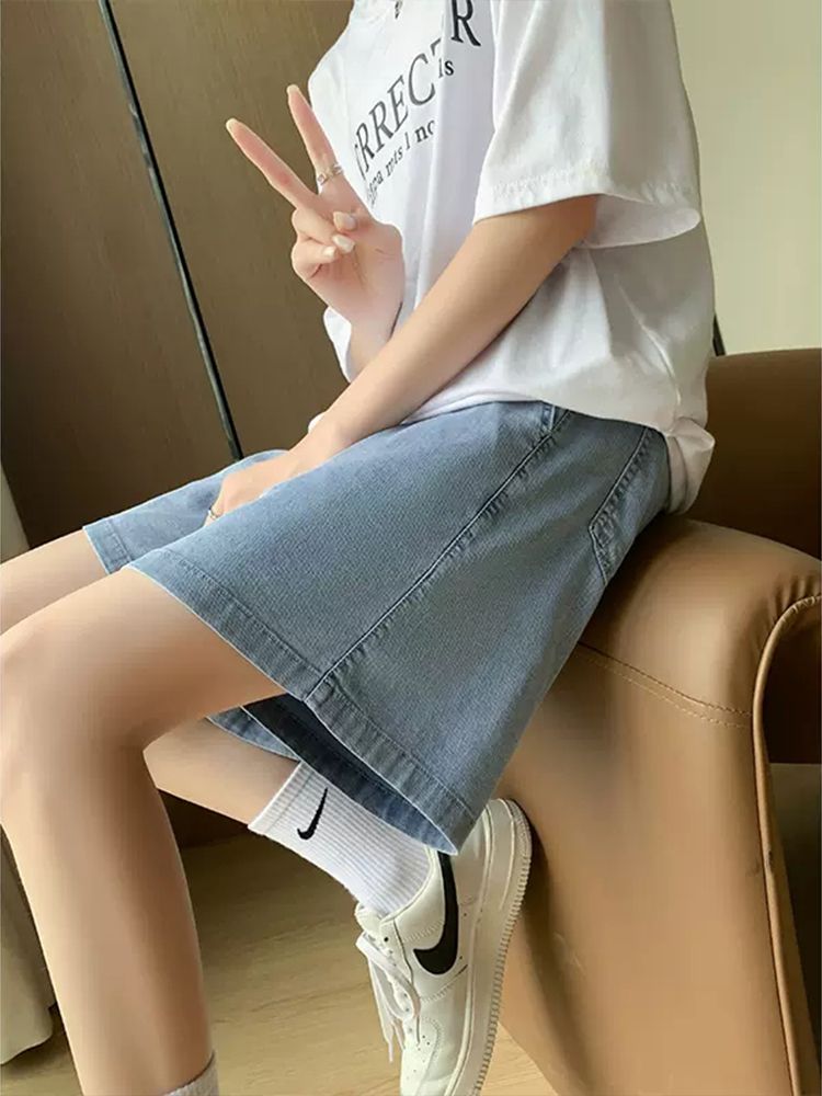 天絲牛仔短褲女夏季薄款高腰寬鬆顯瘦直筒大碼冰絲闊腿五分軟牛仔