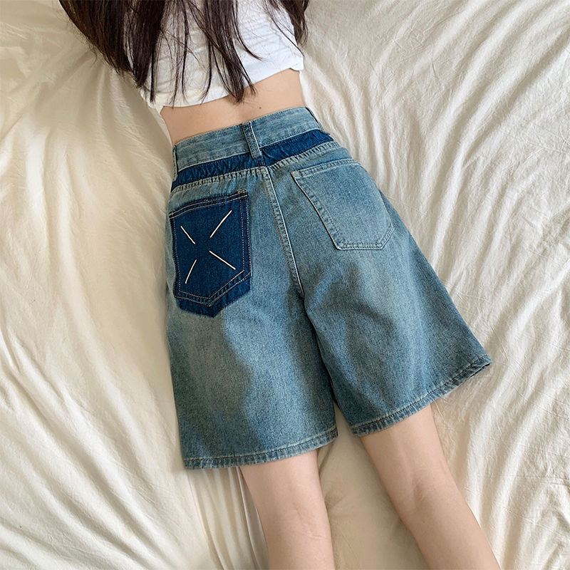 YSYOURS港味高腰牛仔五分短褲女夏寬鬆顯瘦大碼撞色闊腿直筒中褲