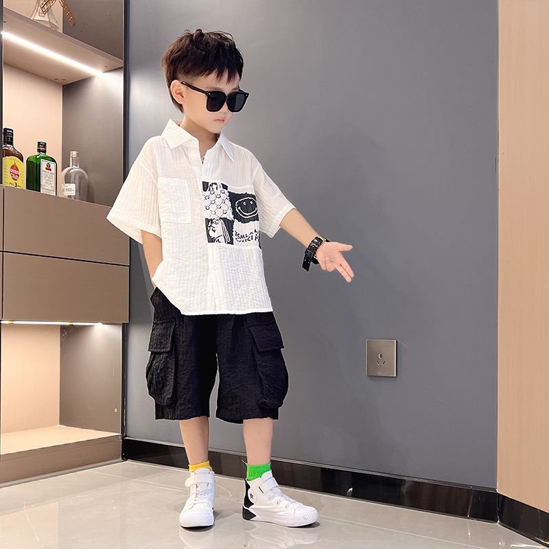 男童夏季襯衫套裝新款中大童炸街短袖套裝薄款男孩時髦夏裝兩件套