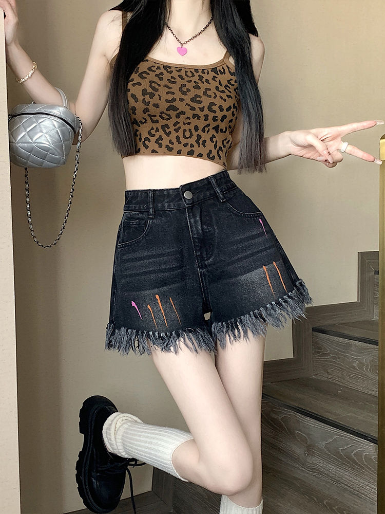 美式塗鴉毛邊牛仔短褲女夏季高腰顯瘦寬鬆大碼A字流蘇闊腿熱褲潮
