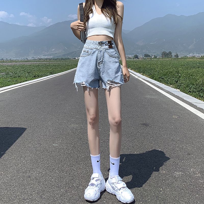高腰牛仔短褲女夏季薄款2023新款寬鬆闊腿顯瘦a字辣妹超短熱褲子