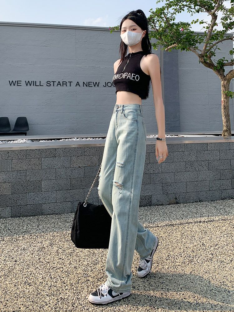 YSYOURS破洞闊腿牛仔褲女夏季薄款高腰垂感寬鬆顯瘦大碼拖地長褲