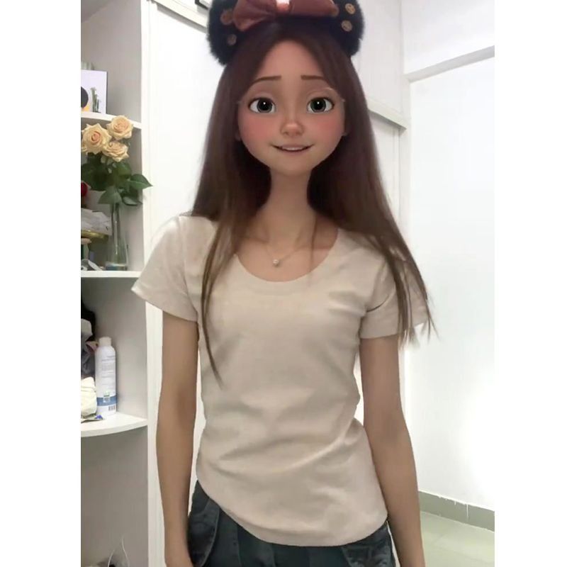 [U-neck pure cotton] American retro collarbone bottoming shirt jacket short-sleeved t-shirt female students all-match ins tide summer